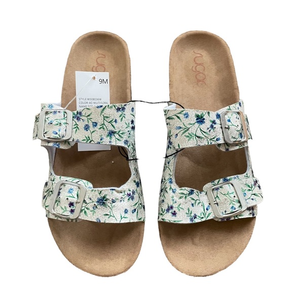 Sugar Shoes - White Floral Double Strap Buckle Cork Sole Slide Sandals Size 9